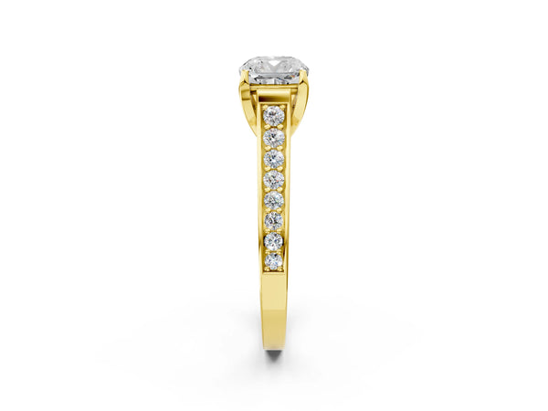 Yellow gold Cushion Brilliant Cut Diamond Engagement Ring with Pavé Band and Four-Prong Setting