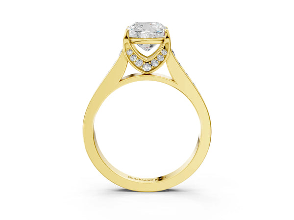 Yellow gold Cushion Brilliant Cut Diamond Engagement Ring with Pavé Band and Four-Prong Setting