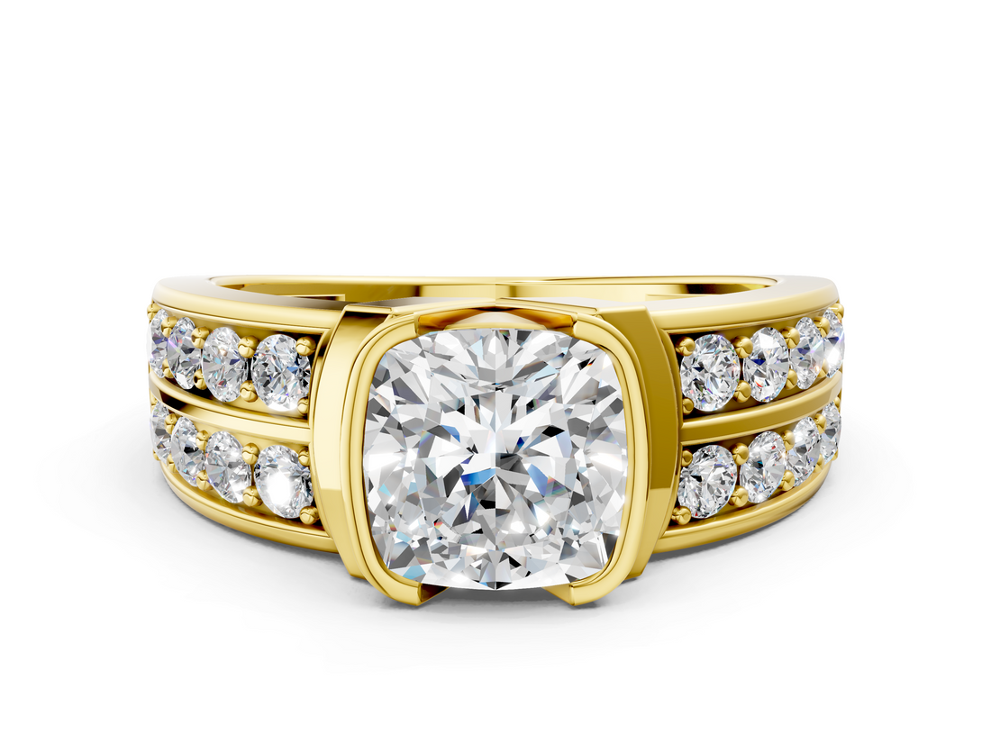 Yellow gold Cushion Brilliant Diamond Channel Set Wide Band Ring with Bezel Setting_20