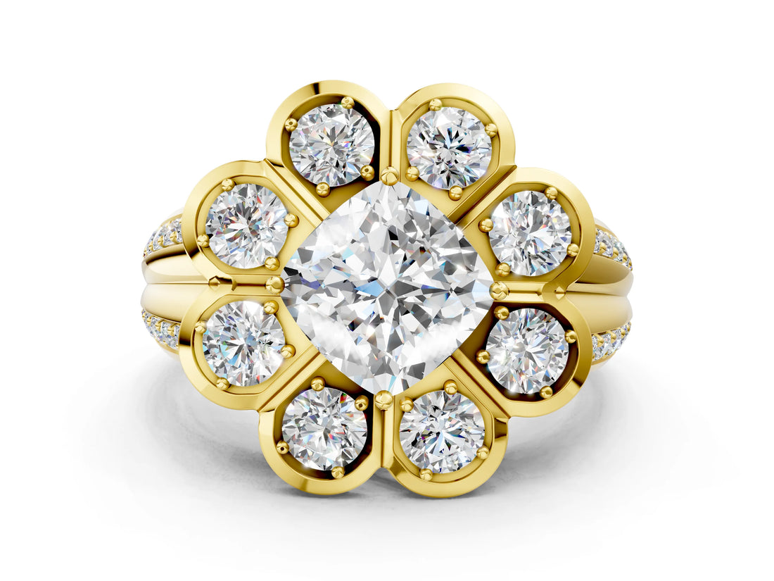 Yellow gold Cushion Brilliant Flower Halo Diamond Split Shank Ring_27