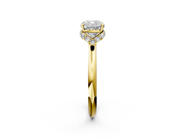 Yellow Gold Cushion Cut Hidden Halo Solitaire Engagement Ring Setting with Slim Plain Band
