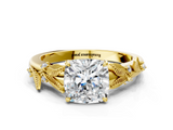 Yellow gold Cushion Brilliant Solitaire with Leaf Motif Band and Four-Prong Setting_72
