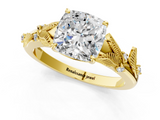 Yellow gold Cushion Brilliant Solitaire with Leaf Motif Band and Four-Prong Setting_73