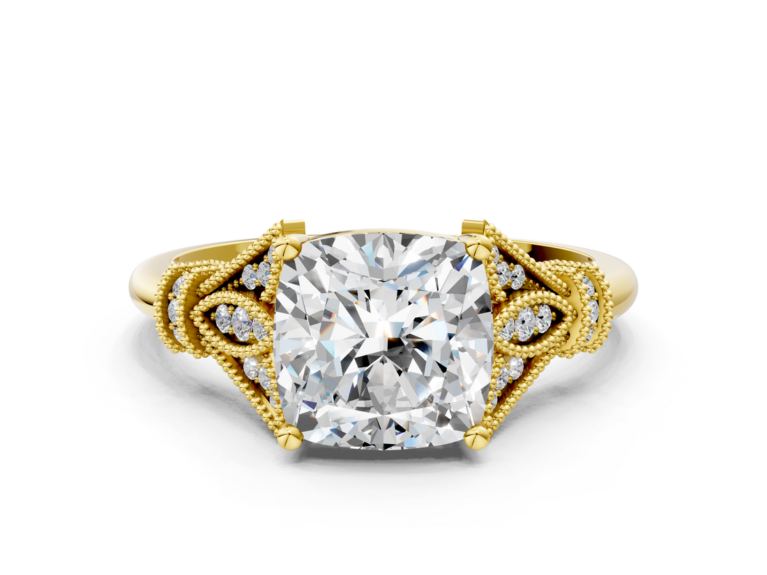Yellow gold Cushion Brilliant Solitaire with Pave Band and Four-Prong Setting_20