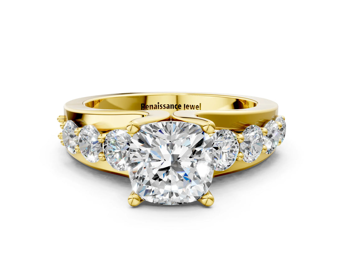 Yellow gold Cushion Brilliant Solitaire with Side Stones on a Pave Band and Four-Prong Setting_24