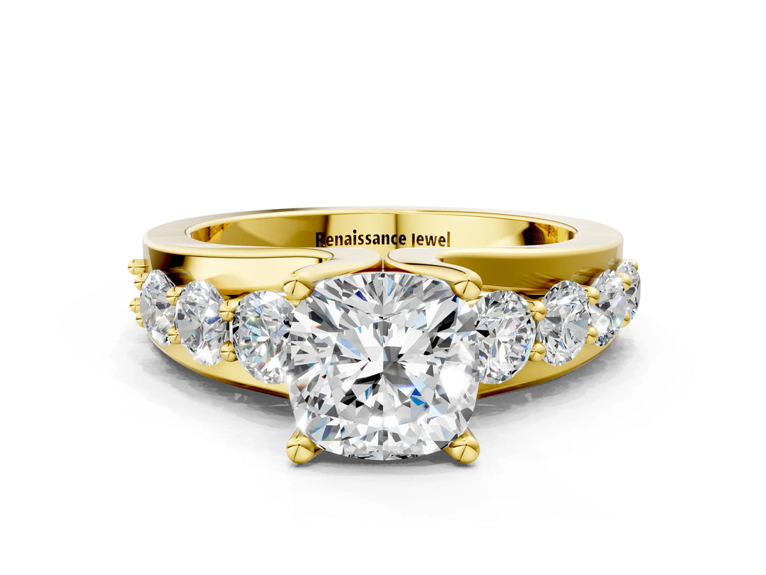 Yellow gold Cushion Brilliant Solitaire with Side Stones on a Pave Band and Four-Prong Setting_50