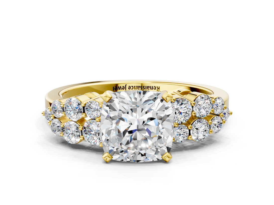 Yellow gold Cushion Cluster Diamond Engagement Ring with Pavé Band and Four-Prong Setting_40