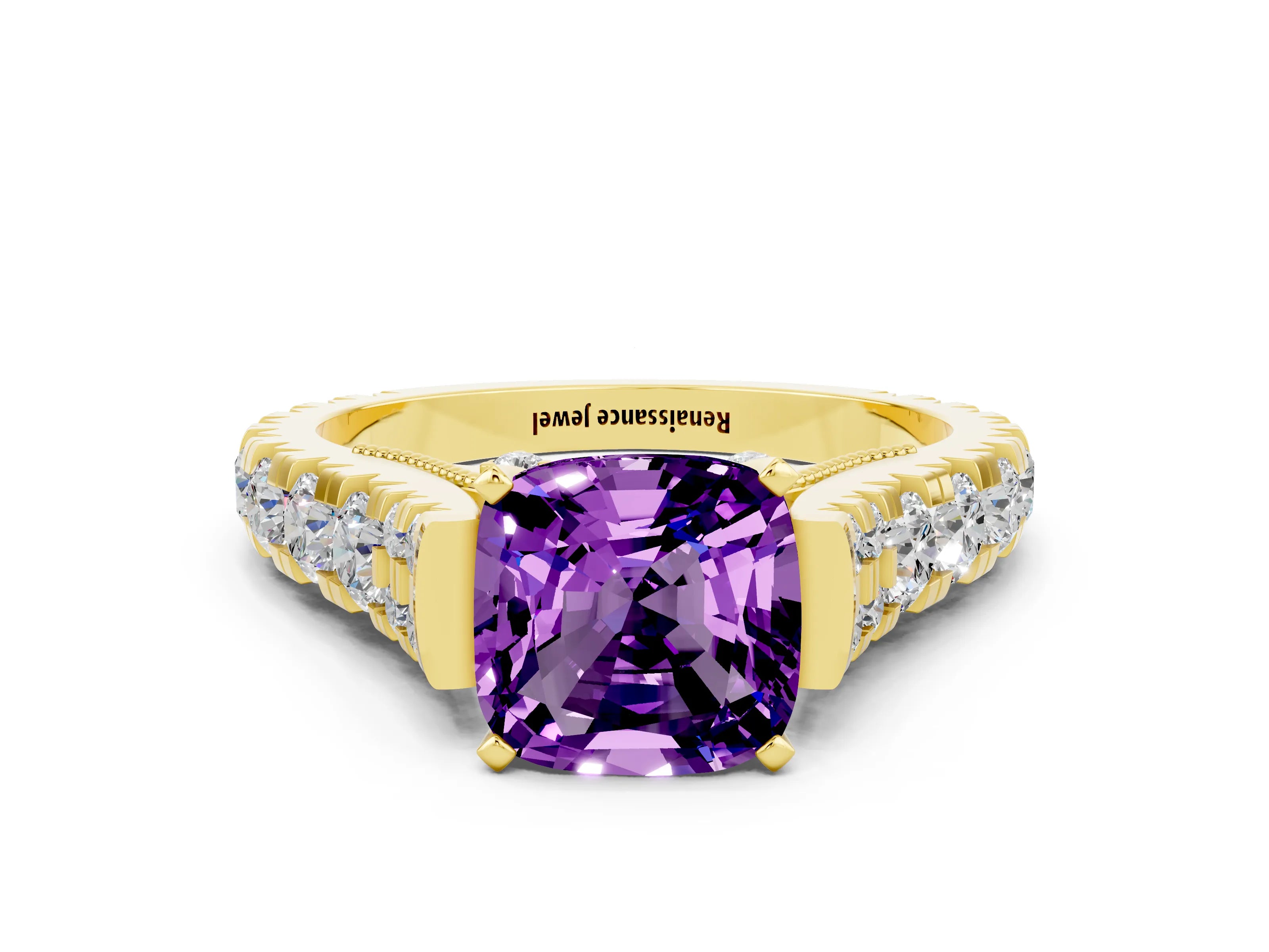 Yellow gold Cushion Cut Amethyst Classic Solitaire Ring with Pavé Band and Four-Prong Setting
