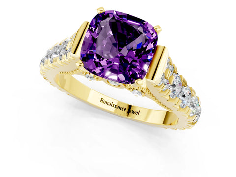 Yellow gold Cushion Cut Amethyst Classic Solitaire Ring with Pavé Band and Four-Prong Setting_1