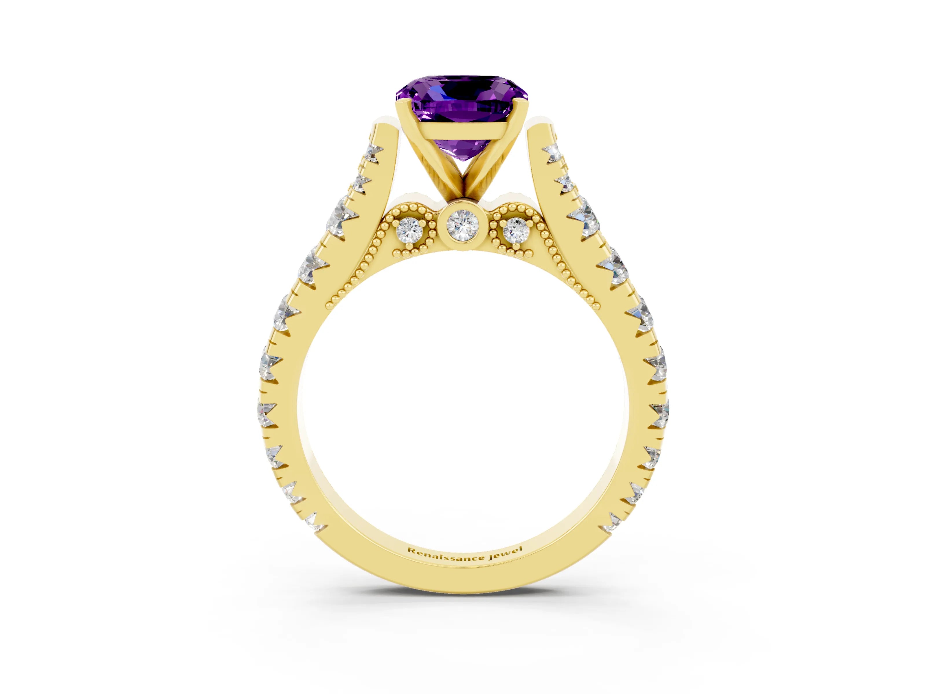 Yellow gold Cushion Cut Amethyst Classic Solitaire Ring with Pavé Band and Four-Prong Setting_3