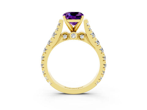 Yellow gold Cushion Cut Amethyst Classic Solitaire Ring with Pavé Band and Four-Prong Setting_3