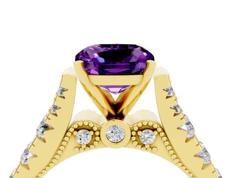 Yellow gold Cushion Cut Amethyst Classic Solitaire Ring with Pavé Band and Four-Prong Setting_4