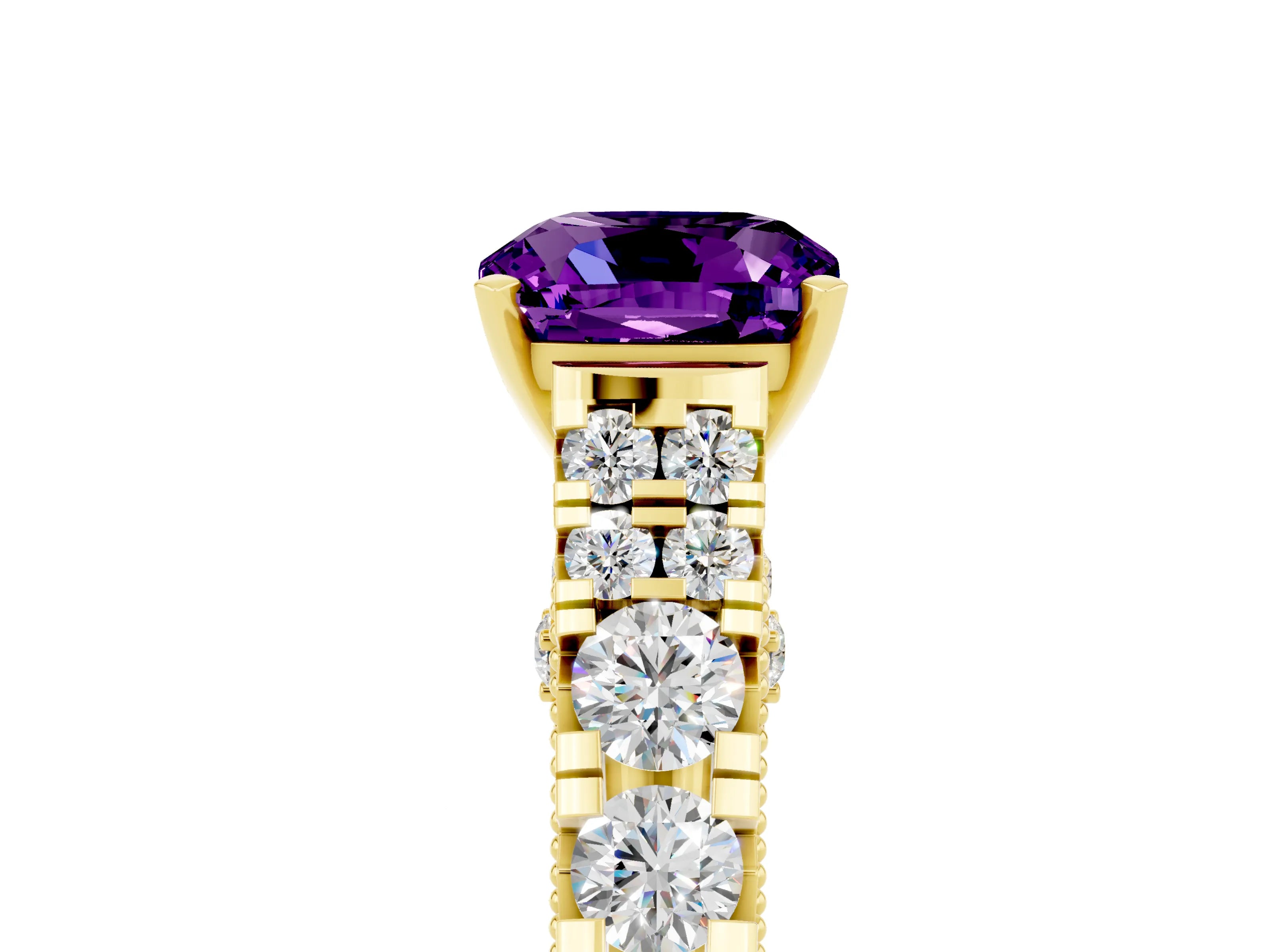 Yellow gold Cushion Cut Amethyst Classic Solitaire Ring with Pavé Band and Four-Prong Setting_5