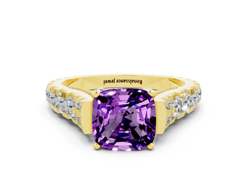 Yellow gold Cushion Cut Amethyst Classic Solitaire Ring with Pavé Band and Four-Prong Setting