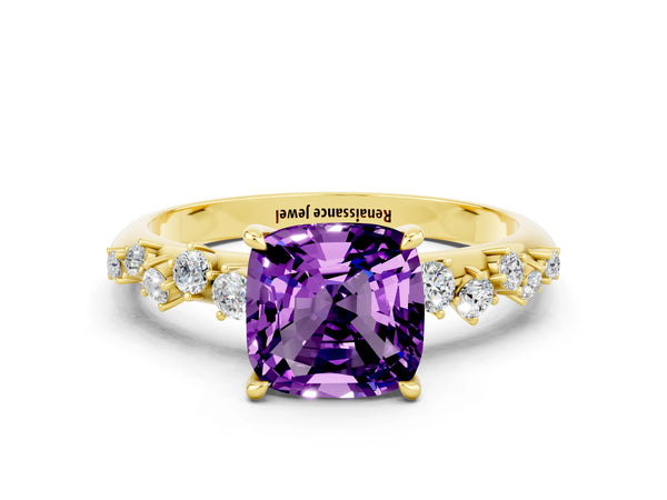Yellow gold Cushion Cut Amethyst Cluster Side Stone Solitaire Ring with Prong Setting