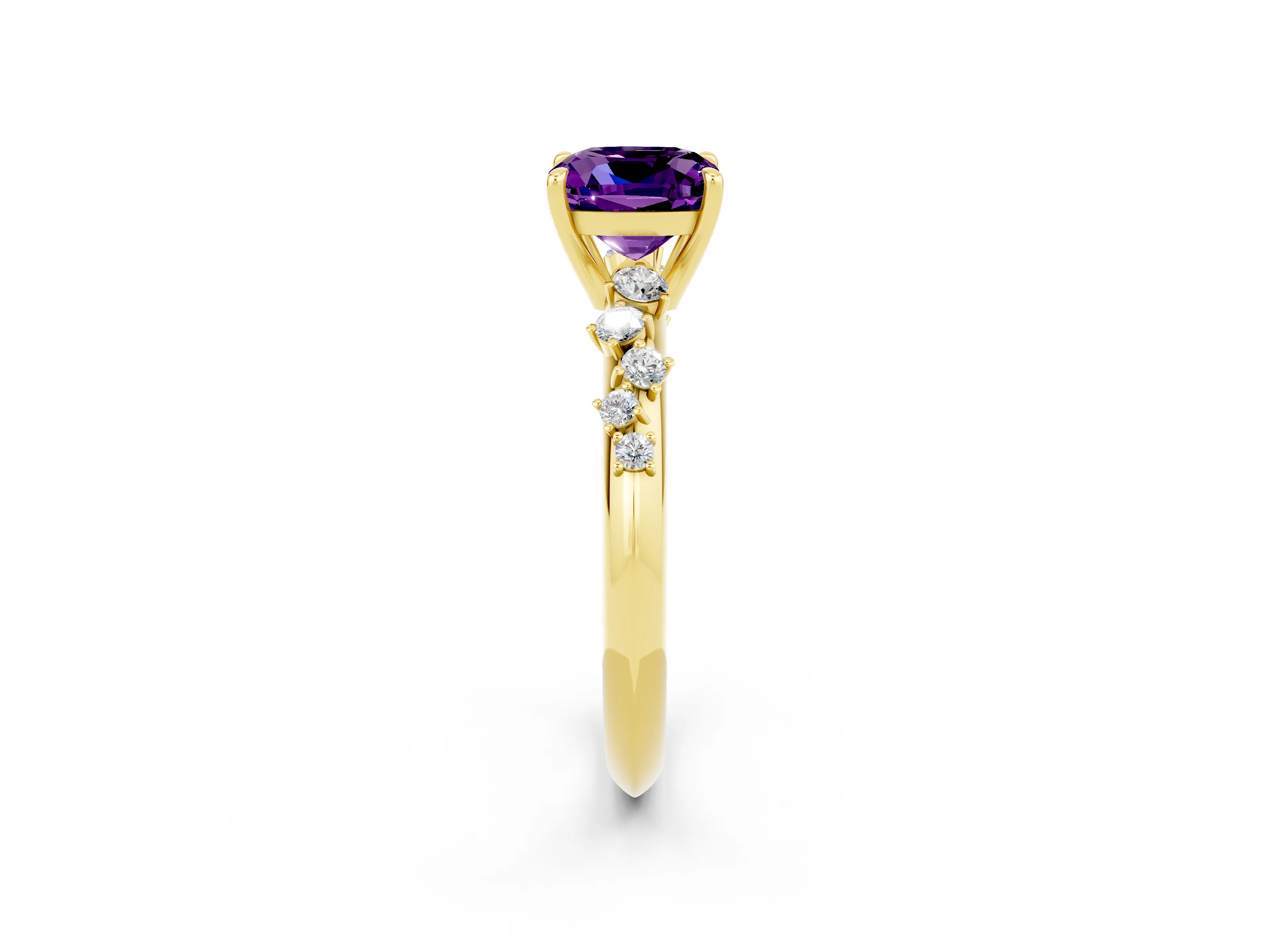 Yellow gold Cushion Cut Amethyst Cluster Side Stone Solitaire Ring with Prong Setting_26
