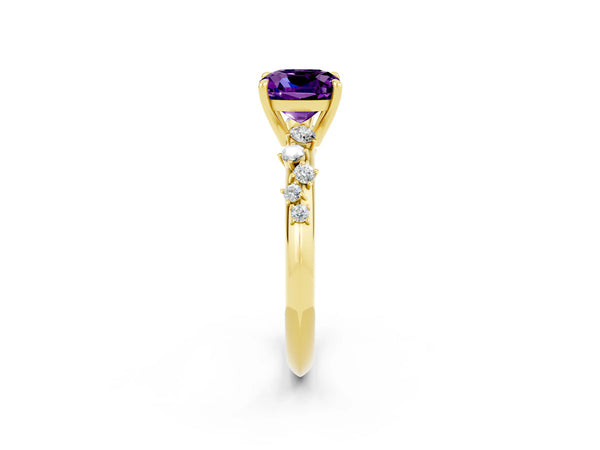 Yellow gold Cushion Cut Amethyst Cluster Side Stone Solitaire Ring with Prong Setting