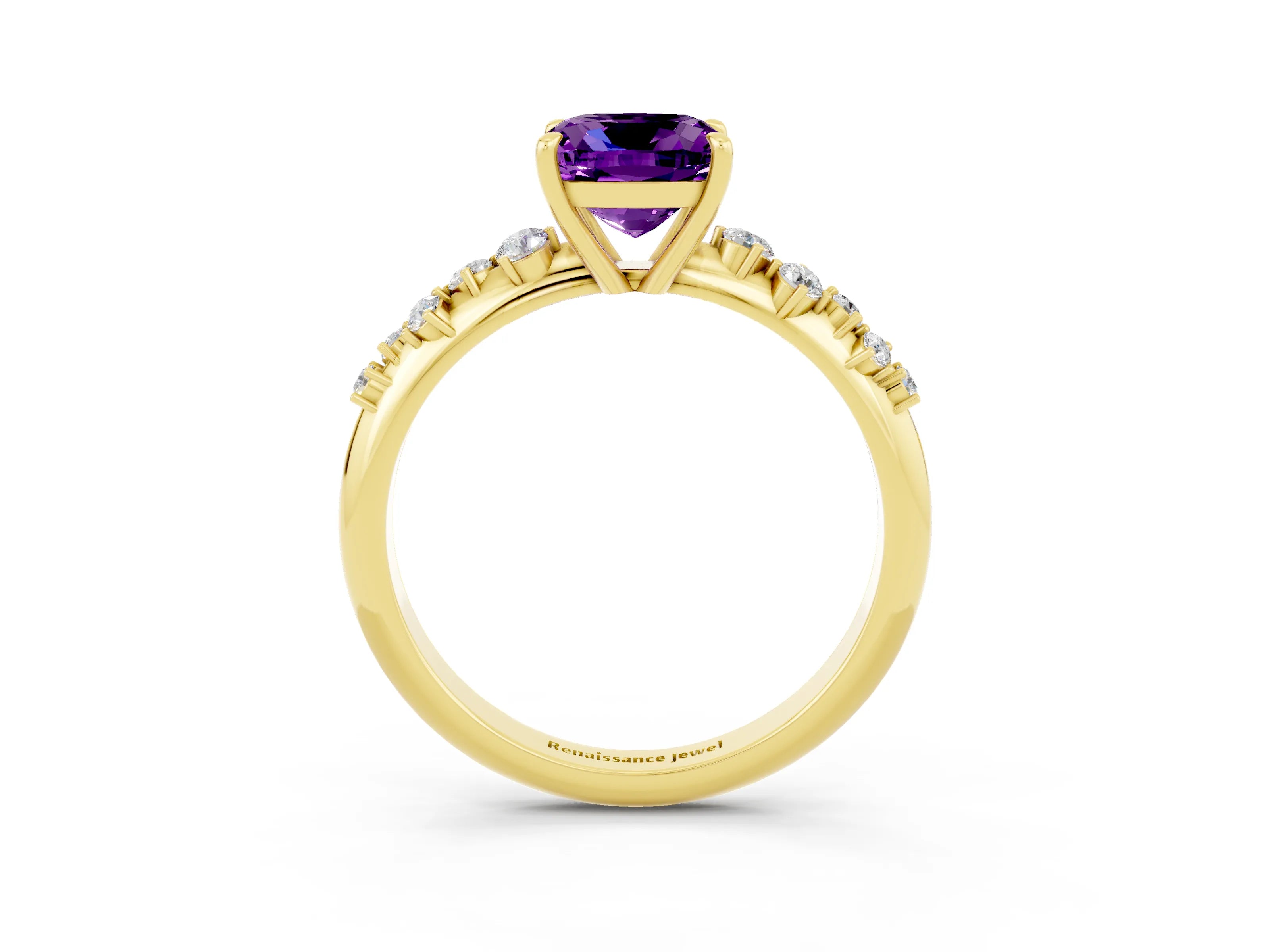 Yellow gold Cushion Cut Amethyst Cluster Side Stone Solitaire Ring with Prong Setting_27