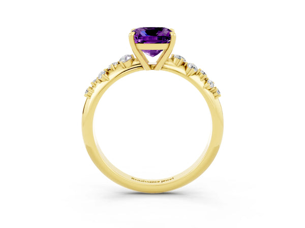 Yellow gold Cushion Cut Amethyst Cluster Side Stone Solitaire Ring with Prong Setting