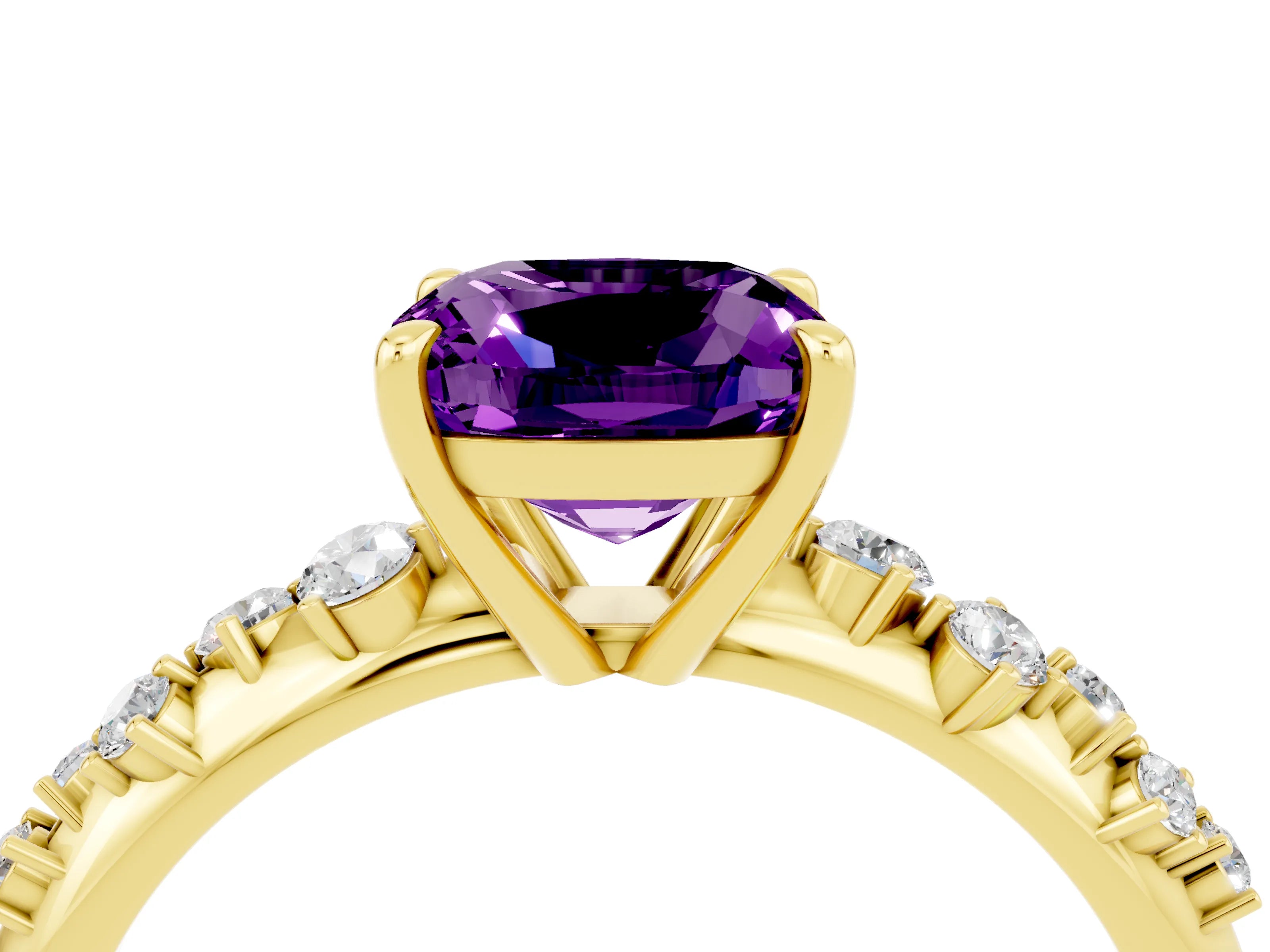 Yellow gold Cushion Cut Amethyst Cluster Side Stone Solitaire Ring with Prong Setting_28