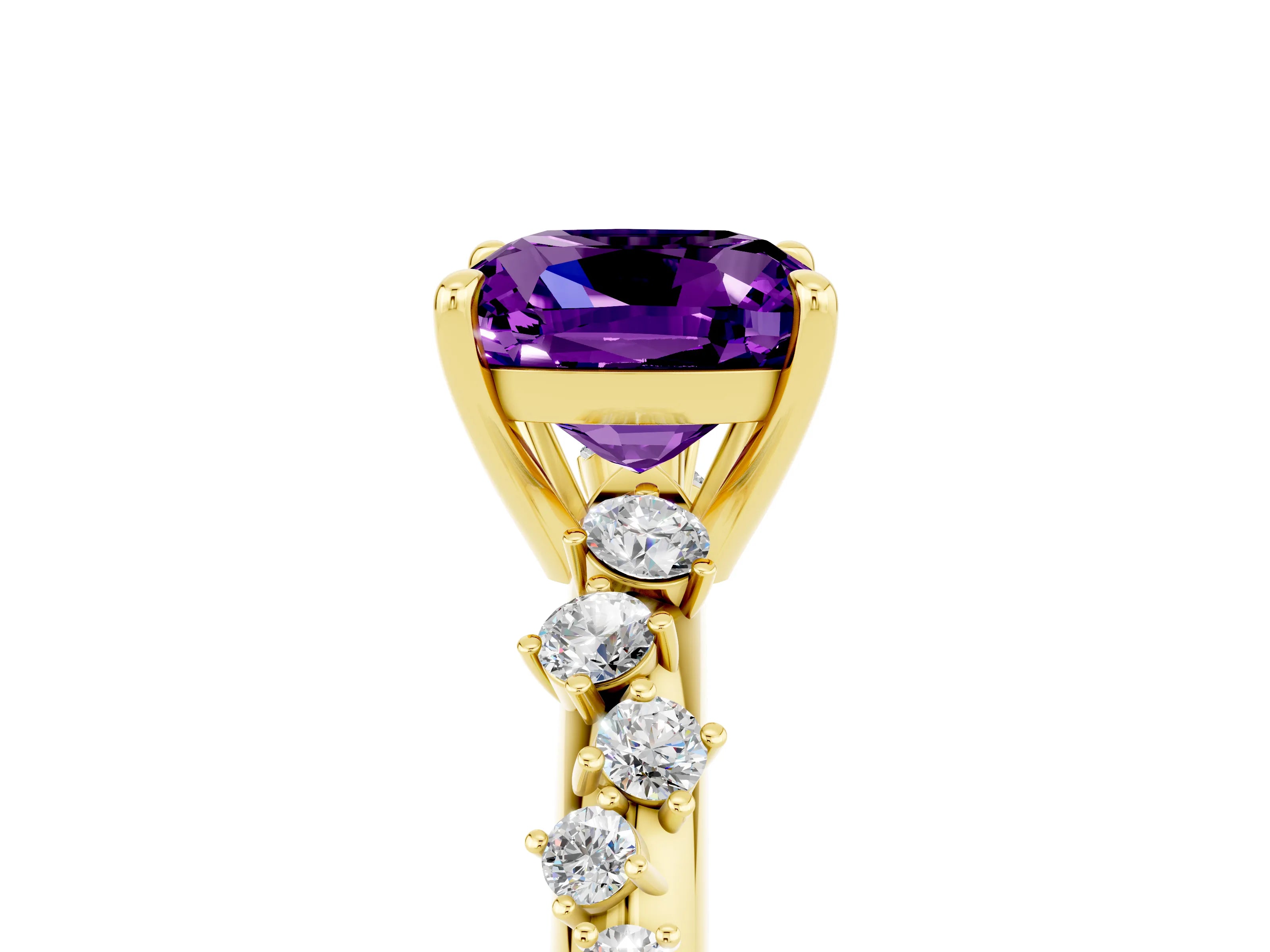 Yellow gold Cushion Cut Amethyst Cluster Side Stone Solitaire Ring with Prong Setting_29