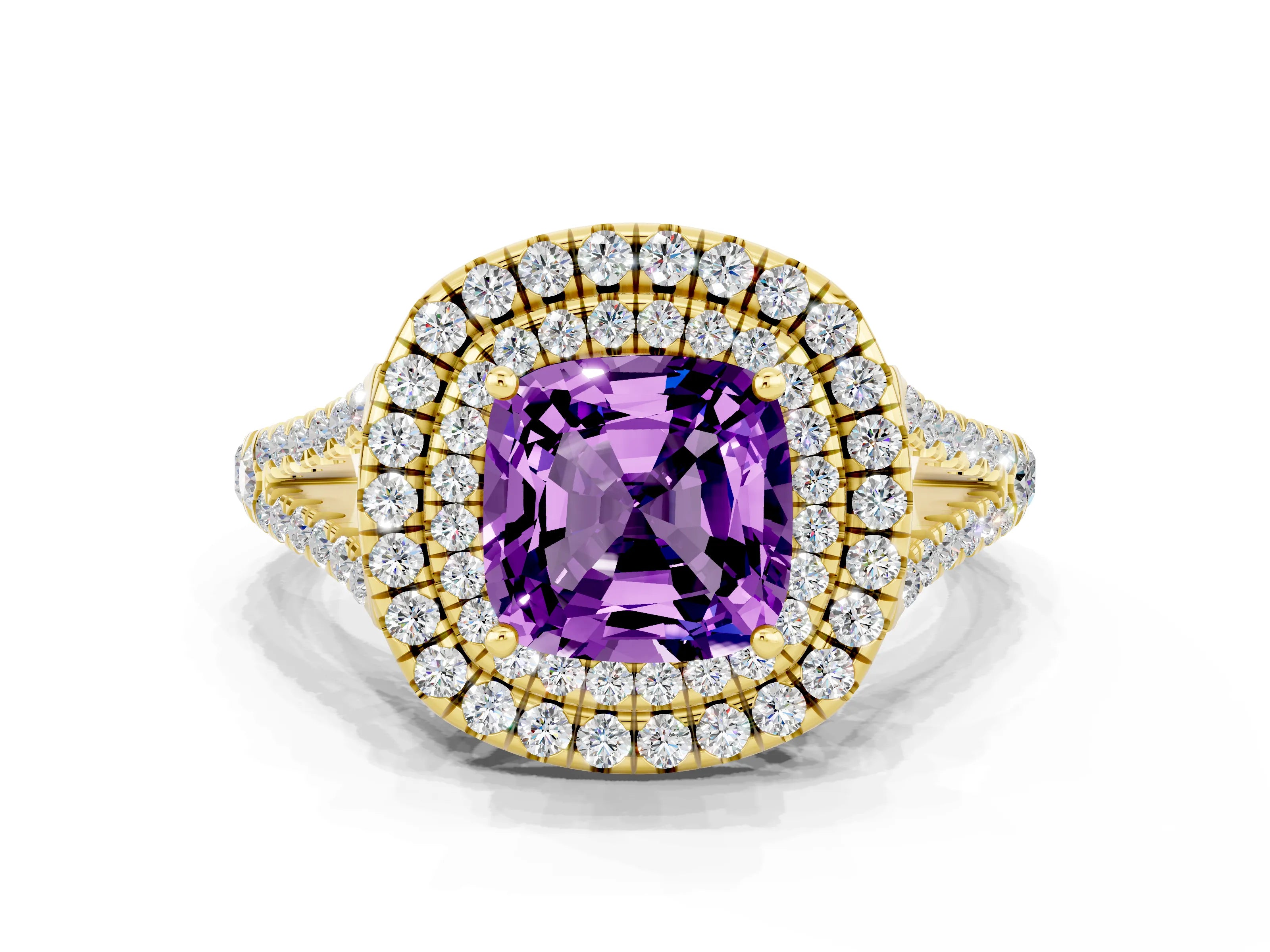 Yellow gold Cushion Cut Amethyst Double Halo Ring with Pavé Band and Prong Setting_12