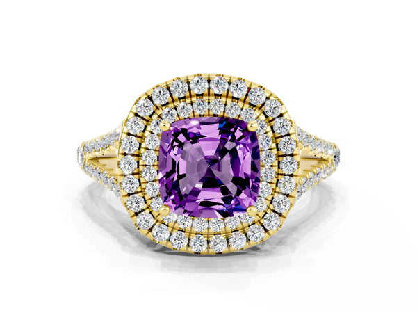 Yellow gold Cushion Cut Amethyst Double Halo Ring with Pavé Band and Prong Setting