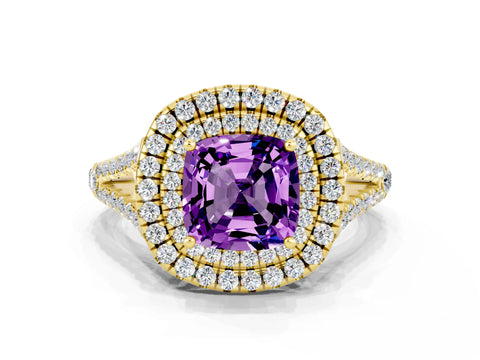 Yellow gold Cushion Cut Amethyst Double Halo Ring with Pavé Band and Prong Setting_12