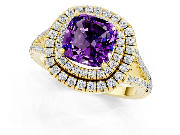 Yellow gold Cushion Cut Amethyst Double Halo Ring with Pavé Band and Prong Setting