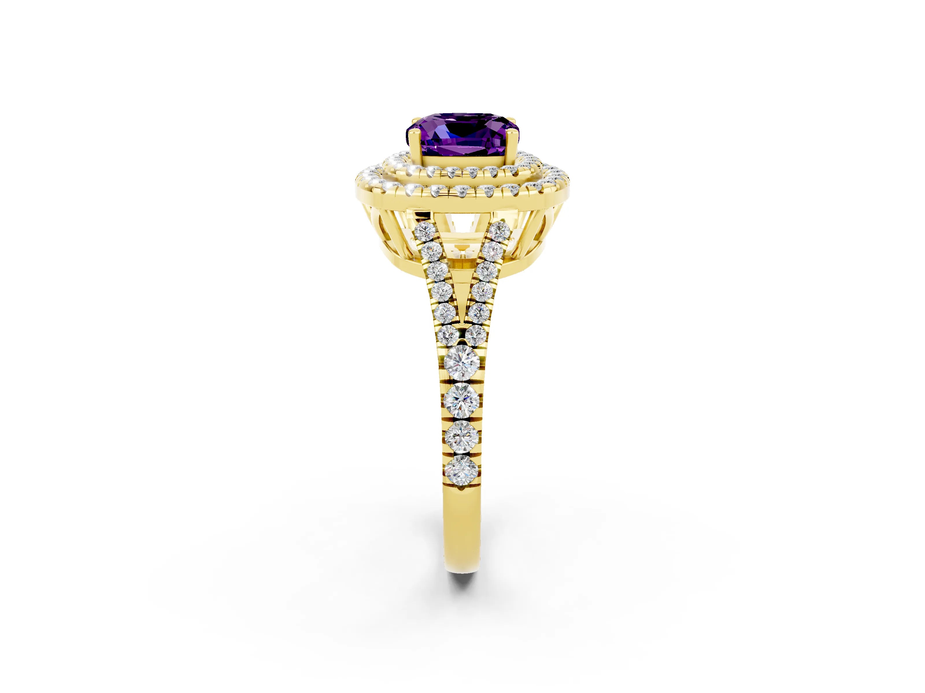 Yellow gold Cushion Cut Amethyst Double Halo Ring with Pavé Band and Prong Setting_14