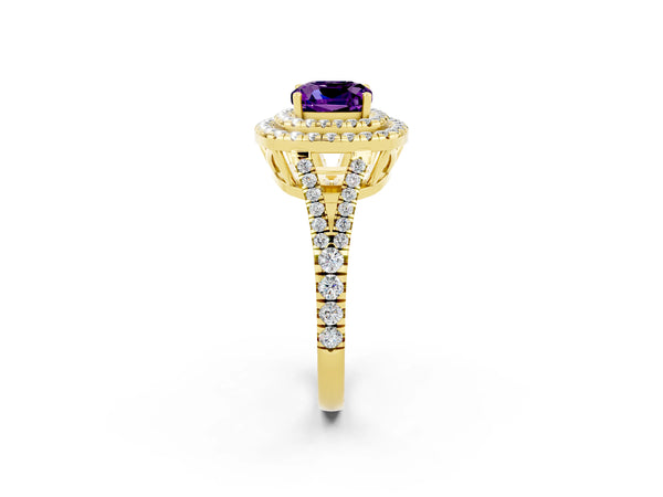 Yellow gold Cushion Cut Amethyst Double Halo Ring with Pavé Band and Prong Setting