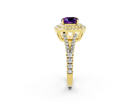 Yellow gold Cushion Cut Amethyst Double Halo Ring with Pavé Band and Prong Setting_14