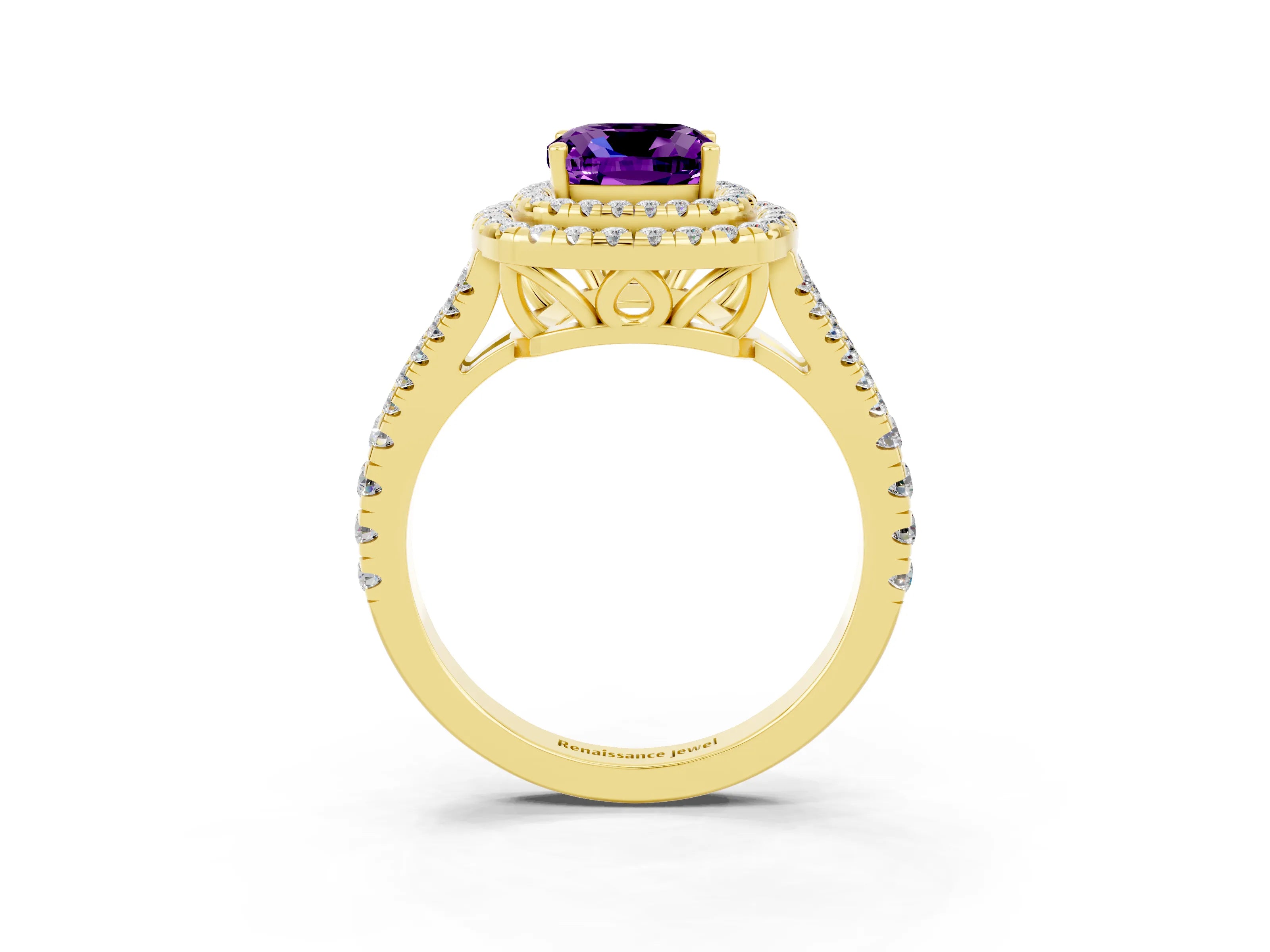 Yellow gold Cushion Cut Amethyst Double Halo Ring with Pavé Band and Prong Setting_15