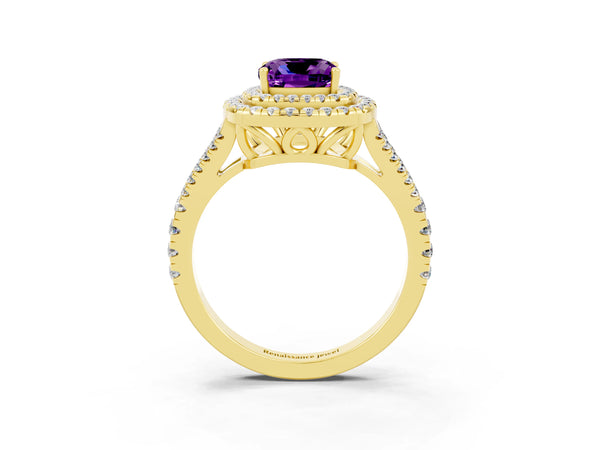 Yellow gold Cushion Cut Amethyst Double Halo Ring with Pavé Band and Prong Setting