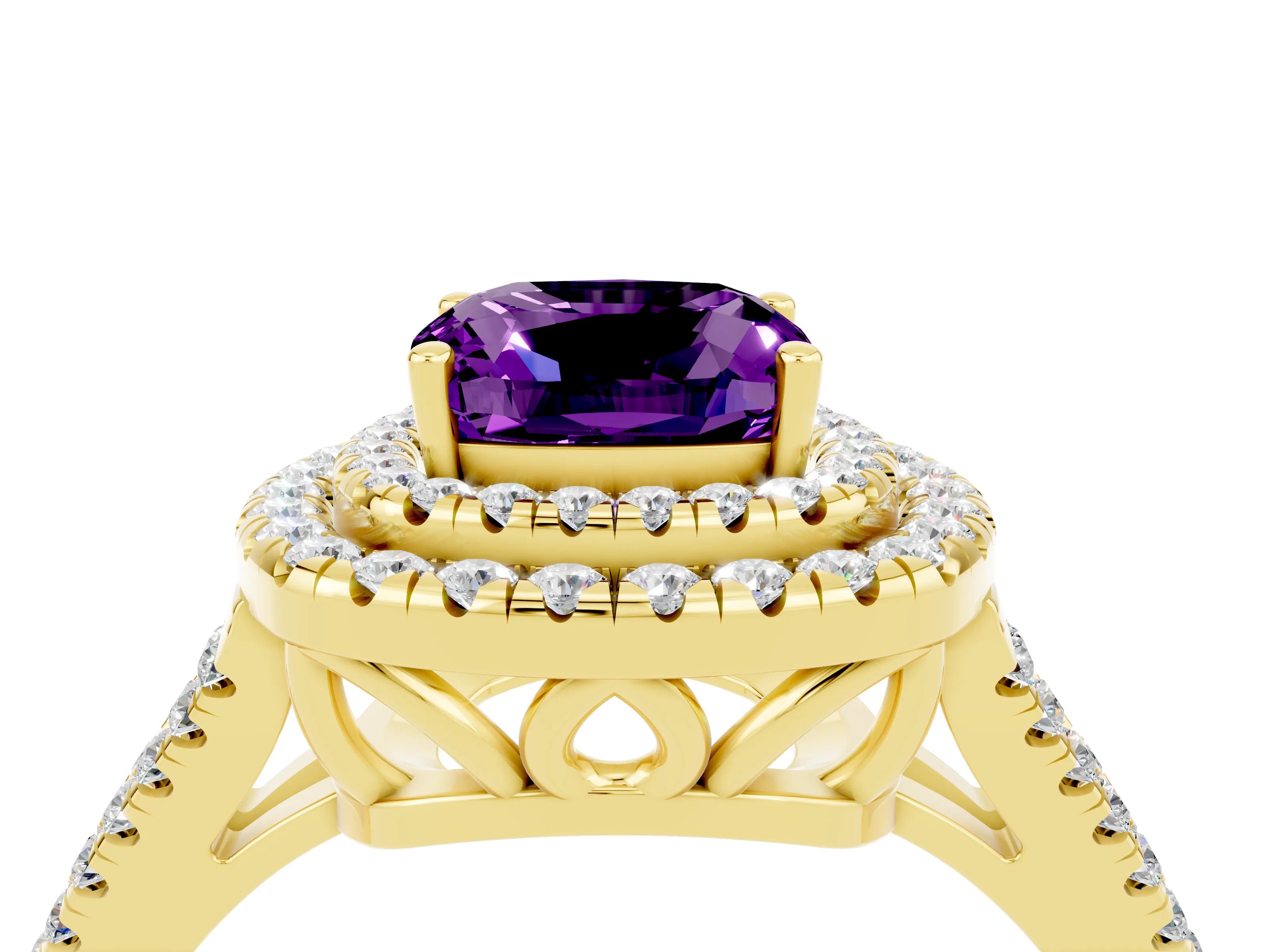 Yellow gold Cushion Cut Amethyst Double Halo Ring with Pavé Band and Prong Setting_16