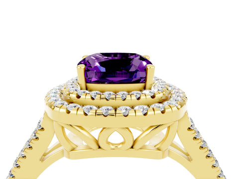Yellow gold Cushion Cut Amethyst Double Halo Ring with Pavé Band and Prong Setting_16