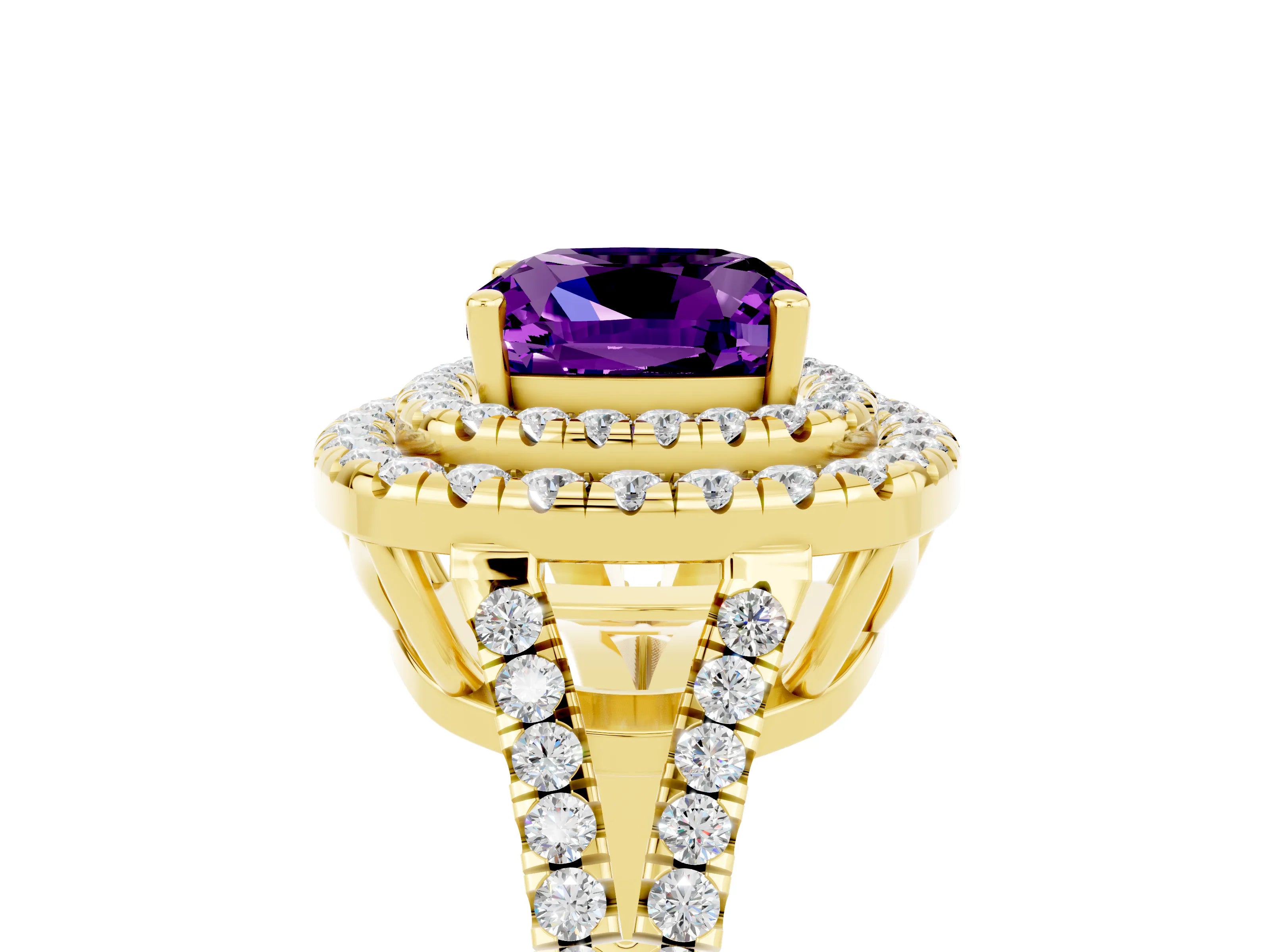 Yellow gold Cushion Cut Amethyst Double Halo Ring with Pavé Band and Prong Setting_17
