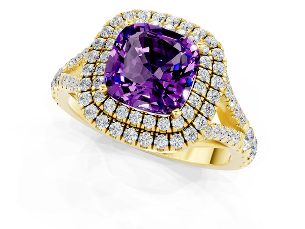 Yellow gold Cushion Cut Amethyst Double Halo Ring with Split Shank and Prong Setting