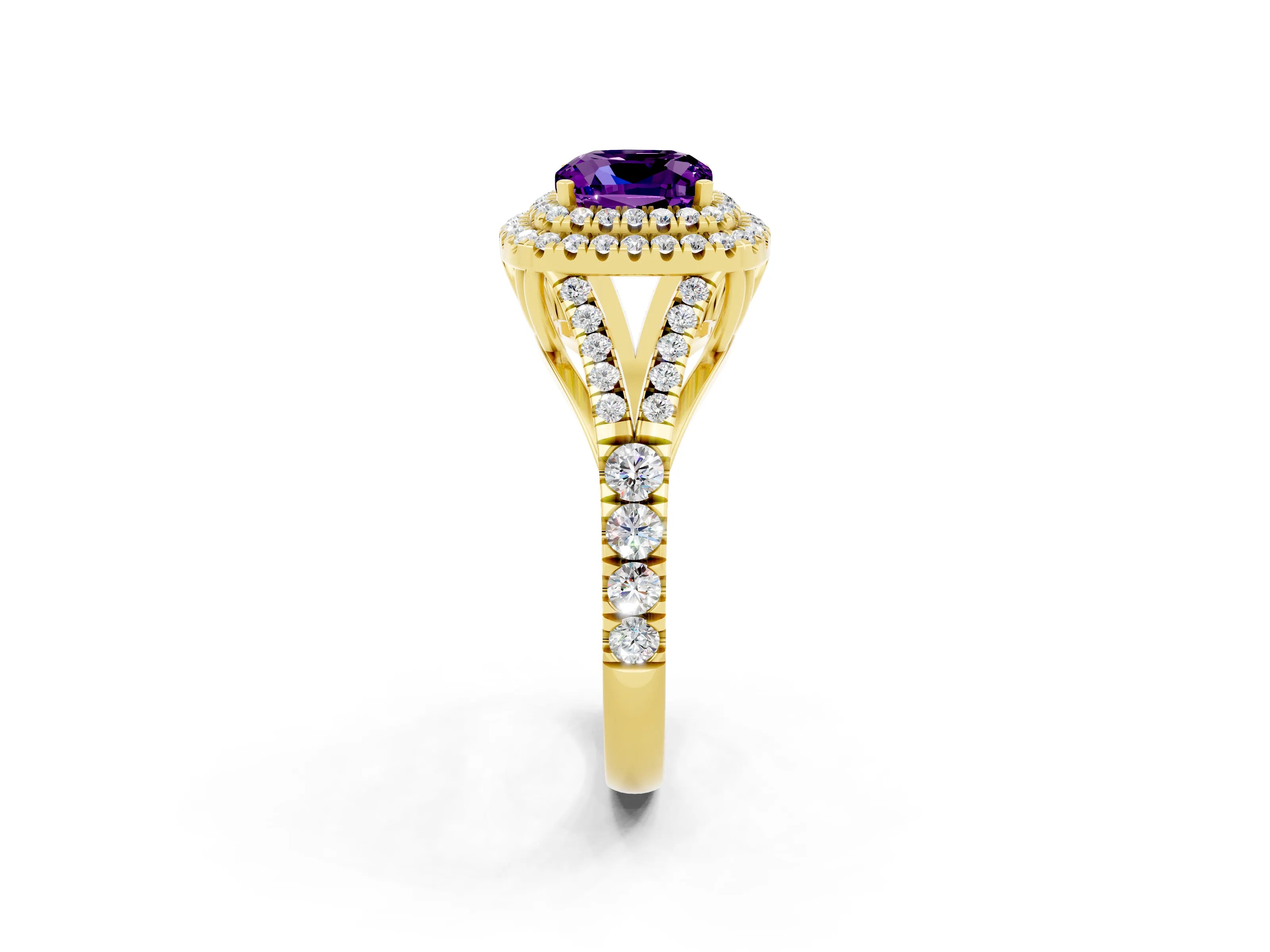 Yellow gold Cushion Cut Amethyst Double Halo Ring with Split Shank and Prong Setting_14