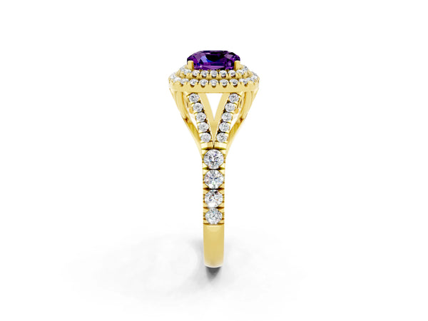 Yellow gold Cushion Cut Amethyst Double Halo Ring with Split Shank and Prong Setting