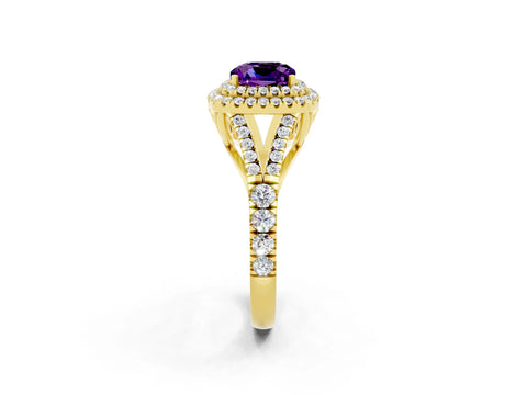 Yellow gold Cushion Cut Amethyst Double Halo Ring with Split Shank and Prong Setting_14