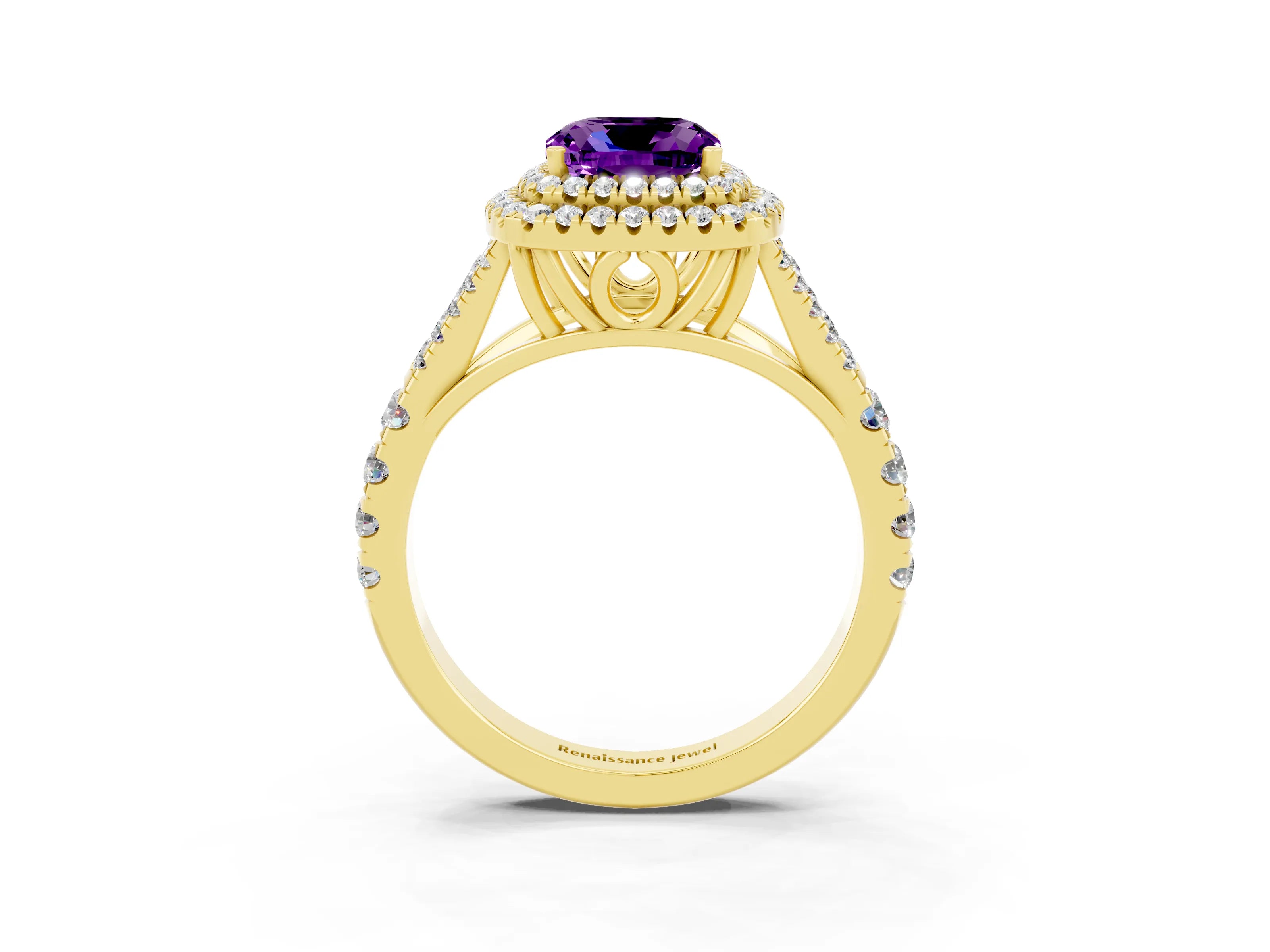 Yellow gold Cushion Cut Amethyst Double Halo Ring with Split Shank and Prong Setting_15