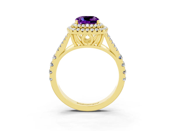 Yellow gold Cushion Cut Amethyst Double Halo Ring with Split Shank and Prong Setting