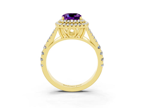 Yellow gold Cushion Cut Amethyst Double Halo Ring with Split Shank and Prong Setting_15