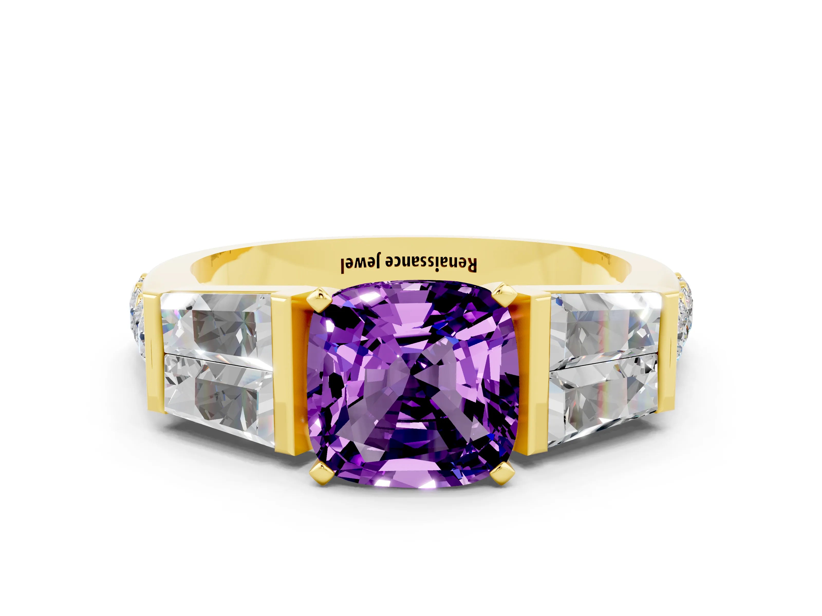 Yellow gold Cushion Cut Amethyst Engagement Ring with Baguette Side Stones and Channel Set Band