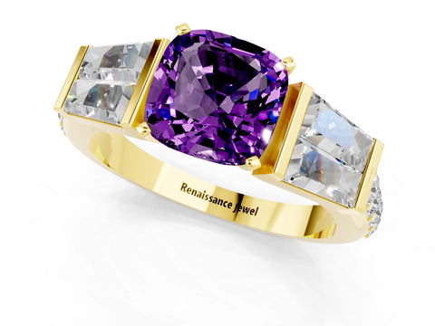 Yellow gold Cushion Cut Amethyst Engagement Ring with Baguette Side Stones and Channel Set Band_1
