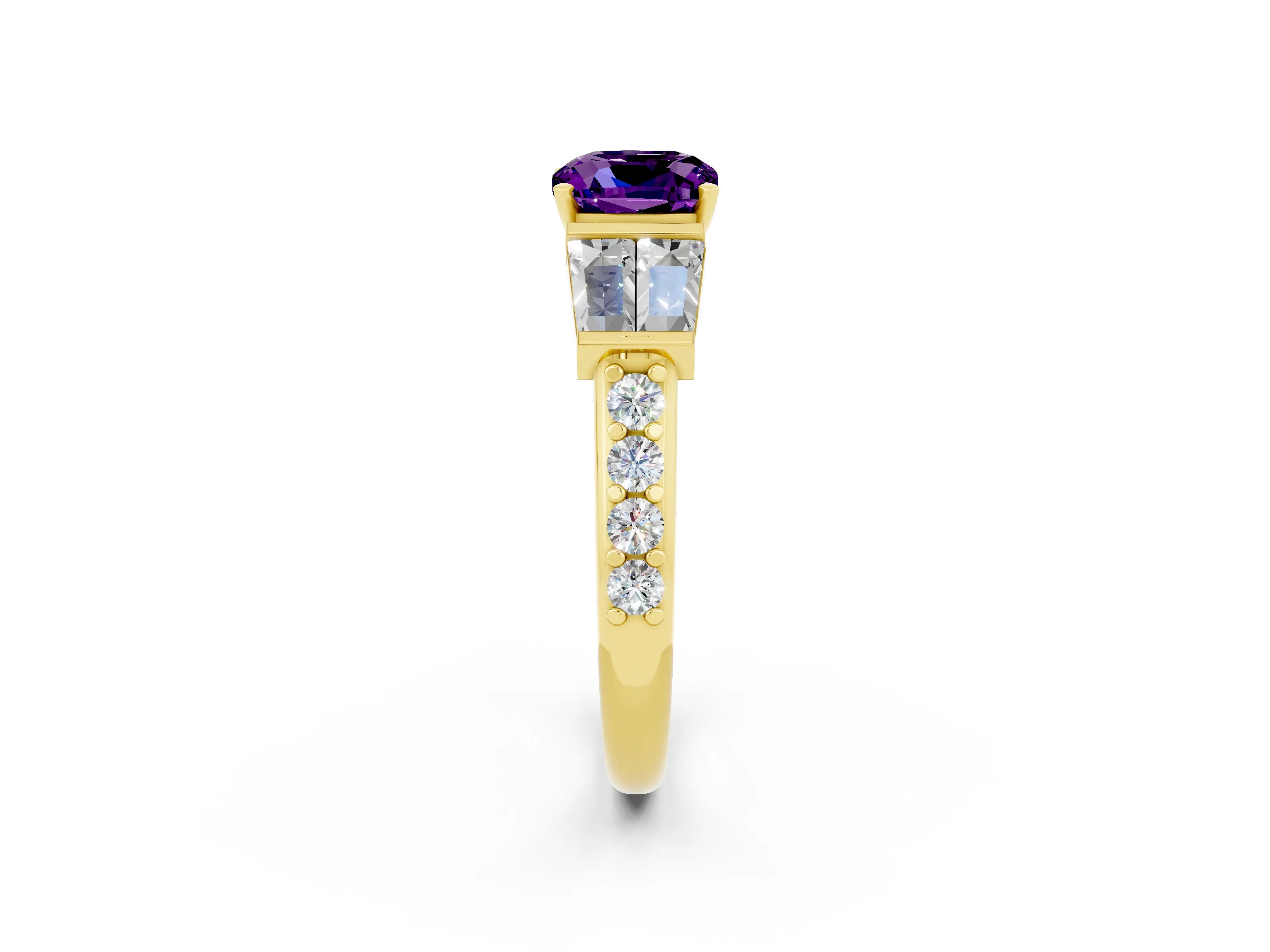Yellow gold Cushion Cut Amethyst Engagement Ring with Baguette Side Stones and Channel Set Band_2