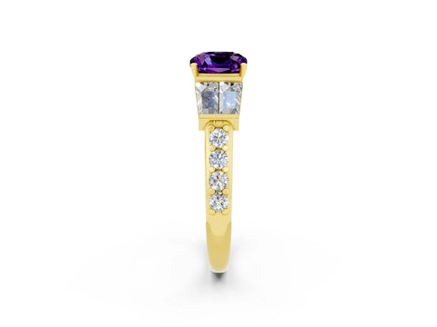 Yellow gold Cushion Cut Amethyst Engagement Ring with Baguette Side Stones and Channel Set Band_2