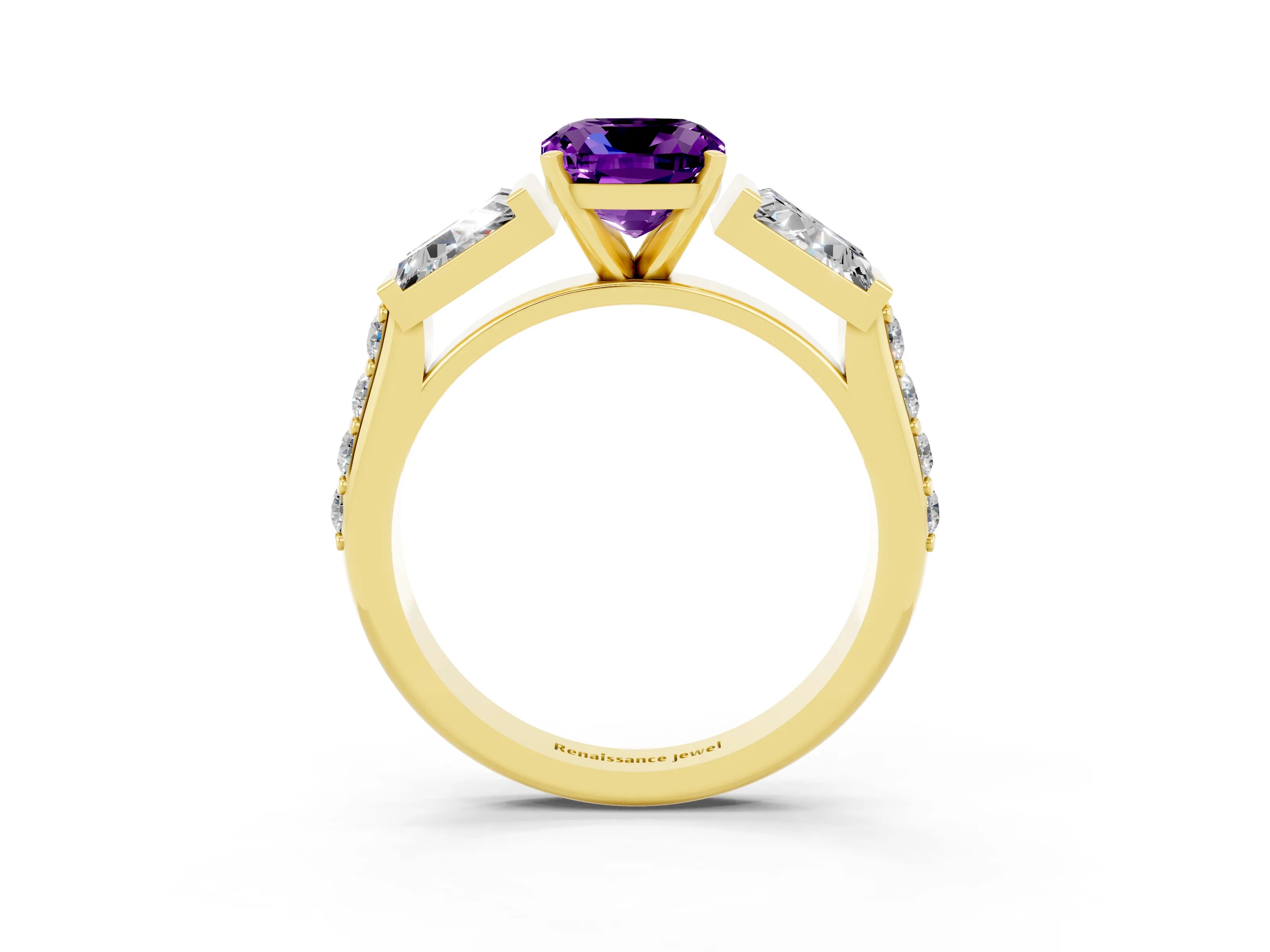 Yellow gold Cushion Cut Amethyst Engagement Ring with Baguette Side Stones and Channel Set Band_3