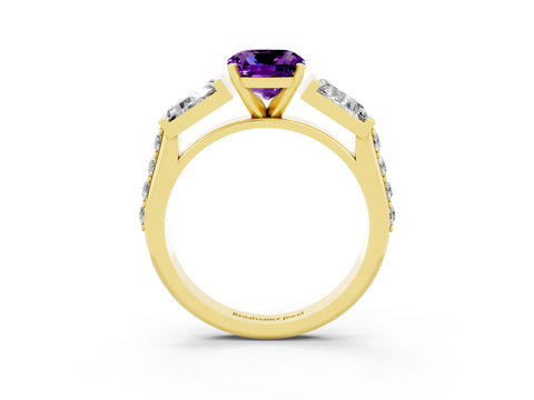 Yellow gold Cushion Cut Amethyst Engagement Ring with Baguette Side Stones and Channel Set Band_3